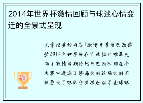 2014年世界杯激情回顾与球迷心情变迁的全景式呈现